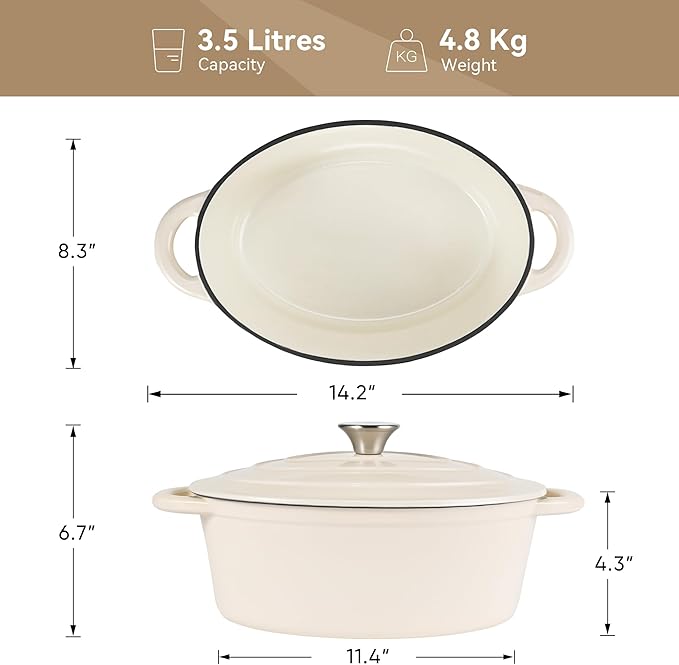 Oval Dutch Oven for Bread Baking, 4.5 Quart Non Stick Enameled Cast Iron Dutch Oven Pot with Lid, Oven Safe Oval Casserole with Lid up to 500°F for Baking, Braising, Stews, Roasting (Beige)