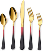 20 Piece Black Red and Gold 18/0 Flatware Utensil Set for 4, Include Dinner Knife,Dinner Forks,Dinner Spoons,Salad Forks,Teaspoons,Silverware Set for 4, Dishwasher Safe