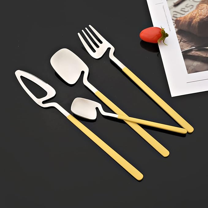 JASHII Silverware Set Satin Finish 24-Piece Stainless Steel Flatware Set Kitchen Utensil Set Service for 6 Tableware Cutlery Set Dishwasher Safe (Matte Yellow Silver)