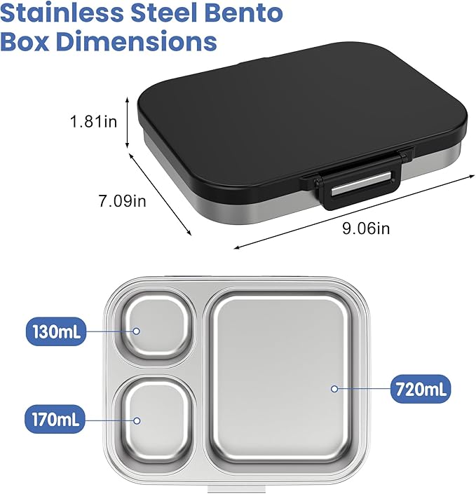 Stainless Steel Bento Lunch Box for Kids | 3-Compartment Lunch Box Container Kids | 100% Leakproof, Dishwasher-Safe, Eco-Friendly, Perfect Portion Control for Kids&Adult Healthy Meals (Black)