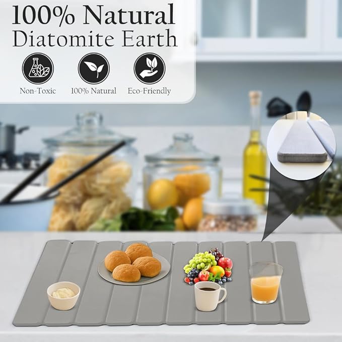 Large Stone Drying Mat for Kitchen Counter | Premium Diatomaceous Earth Coaster Set for Dishes | Non-Slip Kitchen Sink Mat | Fast-Absorbing, Eco-Friendly | 23" x 15.5" (Modern Grey)
