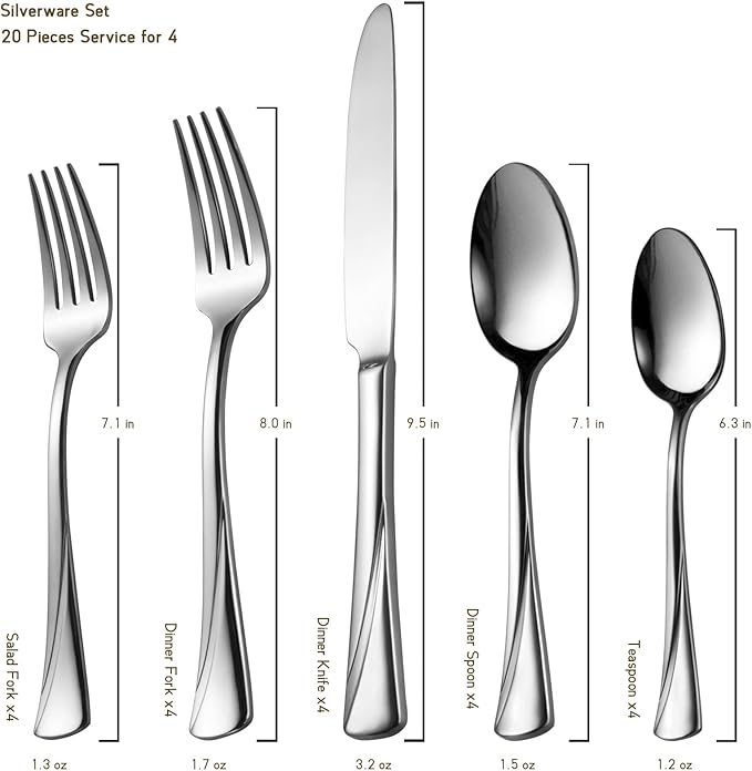 Alata Alice 20-Piece Silverware Set Stainless Steel Flatware Set,Service for 4,Mirror Polished Cutlery Set,Dishwasher Safe