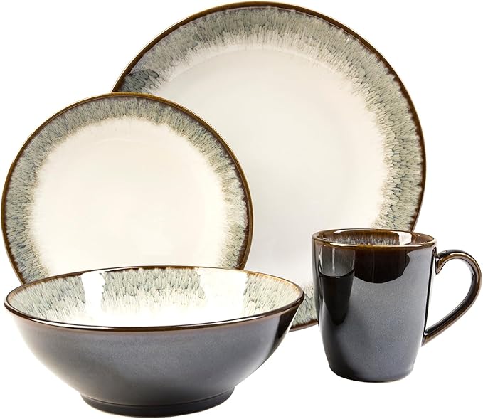 Sango Novelle 16-Piece Casual Moss Porcelain Dinnerware Set – Service for 4, Plates, Bowls & Mugs, Brown & Green Reactive Glaze, Microwave & Dishwasher Safe, for Everyday Dining & Entertainment