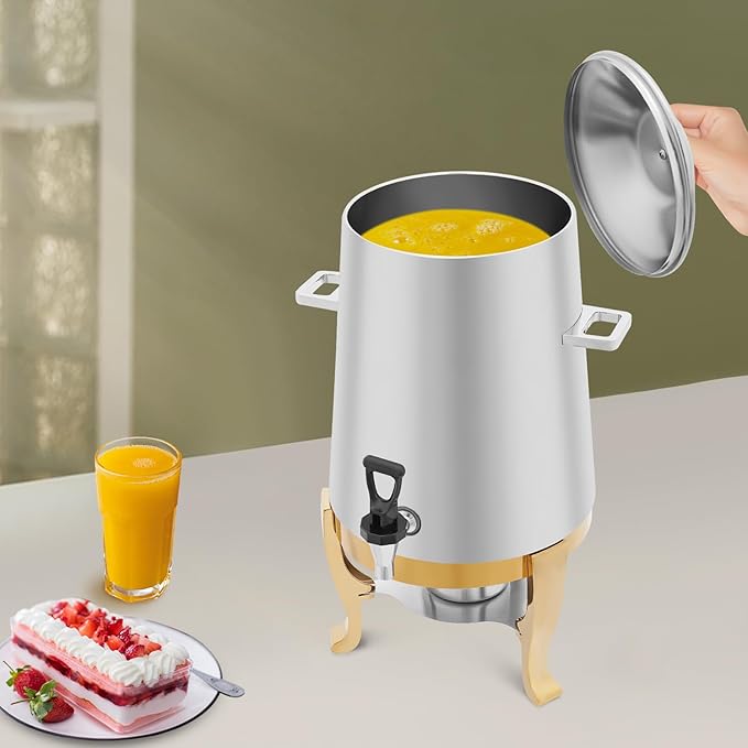 Coffee Urn with Fuel Holder 3.5 Gal/13L, Stainless Steel Beverage Dispenser Hot Drink Dispenser with Stand, Tea Water Coffee Chafer Urn for Parties Buffet Catering Commercial Home (Gold Holder)