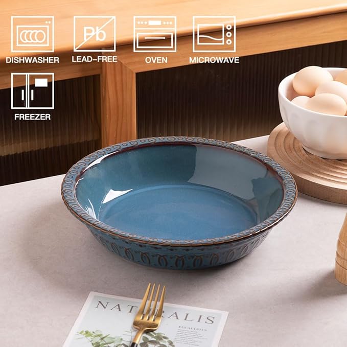 Sweejar Ceramic Pie Dish - Round Non-Stick Baking Pan for Dinner & Dessert, 10 Inches (Blue)