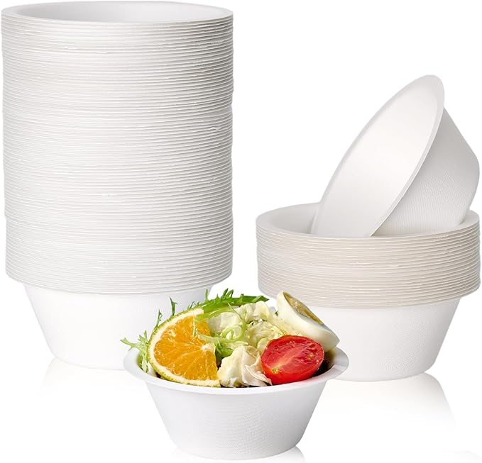 ECOLipak 150 Pack Compostable Paper Bowls, 8 oz Heavy-Duty Disposable Biodegradable Soup Bowls Made of Natural Bagasse, Suitable for Salad, Dessert, Milk, Cereals