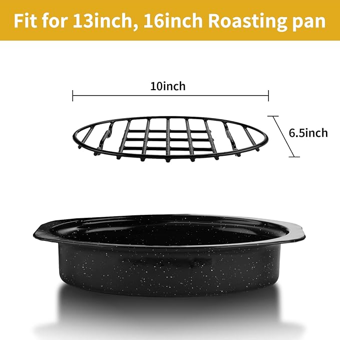 Roasting Rack, Black with Integrated Feet, Enamel Finished, Nonstick, fit for 13 inches oval roasting pan, safety, dishwasher, Great for Basting, Cooking, Drying, Cooling rack.(10”x 6.5”)