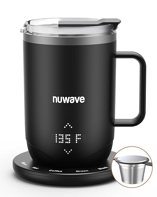 Nuwave Smart Heated Coffee Mug Rechargeable, 16oz Self Heating Temperature Control Mug with LED Display, Custom Brew Modes, Double-Wall Vacuum Insulation, 5-Hour Battery Life, Auto Shut-Off