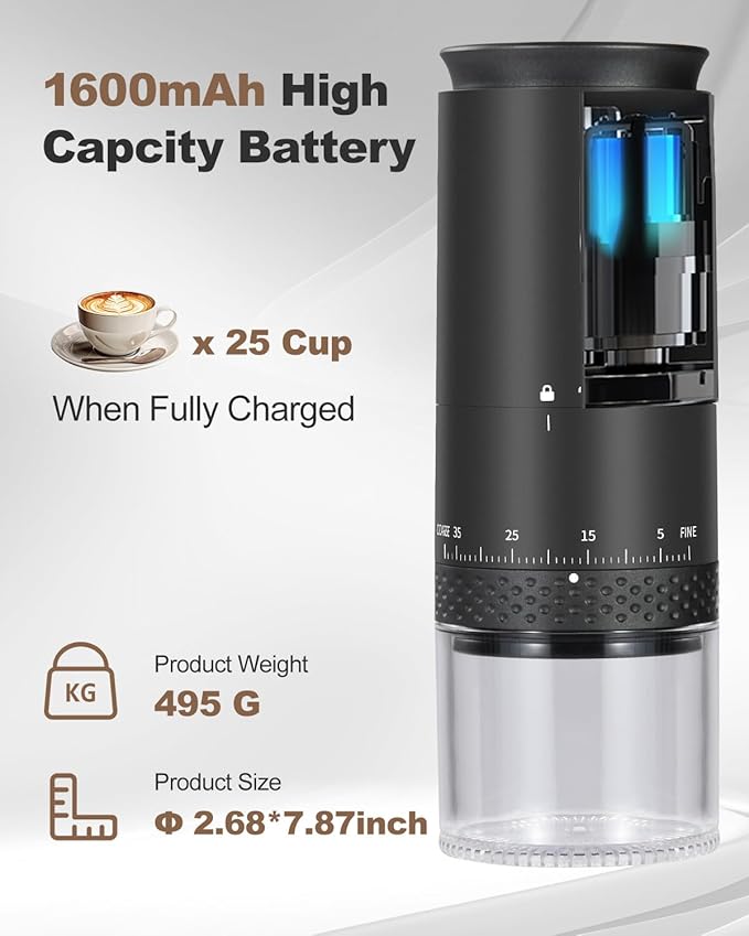 Portable Electric 420 Stainless Steel Burr Coffee Grinder, Rechargeable Small Bean Mill with 38 Adjustable Grind Settings, Cordless Travel Grinder for Espresso, Cold Brew, Pour Over, French Press