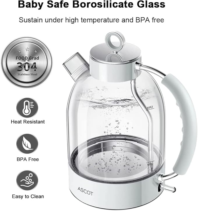 ASCOT Electric Kettle, Glass Electric Tea Kettle Gifts for Men/Women/Family 1.5L 1500W Borosilicate Glass Tea Heater, with Auto Shut-Off and Boil-Dry Protection (Polar White)