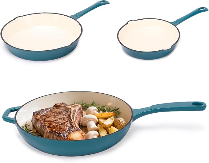 Hisencn Enameled Cast Iron Frying Pan Set, 3 Piece Set of Skillets(8''/9.5''/11''), PFAS & PTFE & PFOA -Free, Gas/Induction/Electric/Oven Compatible, Biscay Blue