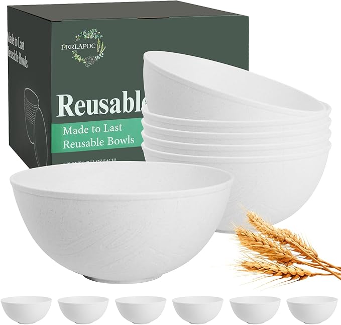 Wheat Straw Cereal Bowls 40 OZ, Unbreakable Bowls Set of 6, Microwave & Dishwasher Safe Bowl for Kitchen, Reusable Plastic Bowl for Cereal, Soup, Salad and Ramen, White