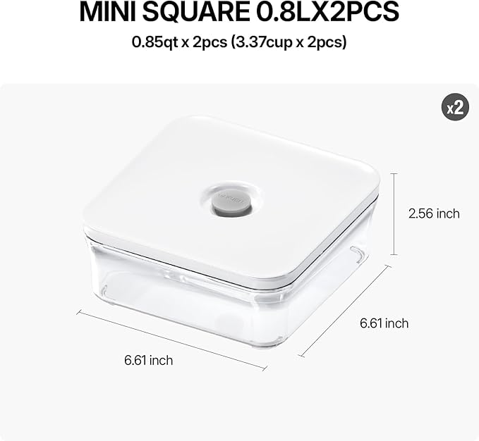 Premium Airtight Food Storage Containers, Mini Square 2pc/set(0.85qt), Smart One-Click Seal Lid, No Hinges, 100% Leak Proof, BPA-FREE, Dishwasher, Freezer & Microwave Safe