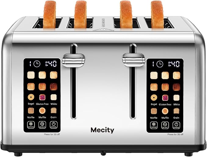 Mecity 4 Slice Toaster with Touch Screen Control, 4 Wide Slots, Stainless Steel Smart Bread Toaster for Bagels, Muffins, Waffles, Dual Control Panel, Timer, Defrost, Reheat, 120V 1650W