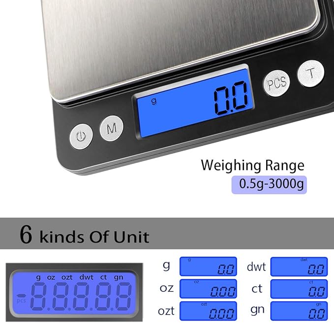 Fuzion Digital Kitchen Scale 3000g/ 0.1g, Pocket Food Scale 6 Units Conversion, Gram Scale with 2 Trays, LCD, Tare Function, Reptile Scale, Herb Scale(Battery Included)