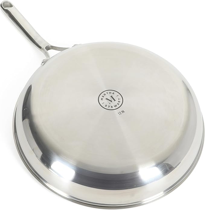 Martha Stewart Badgley Hybrid Nonstick 12 Inch TriPly Stainless Steel Large Fry Pan With Lid & Stay Cool Handle - Laser Etched Non-Toxic Nonstick Skillet - Dishwasher and Induction Safe