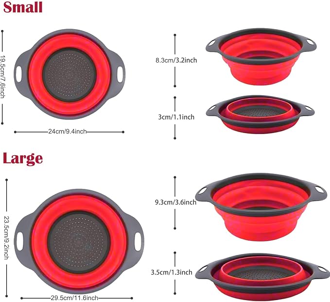 Collapsible Colander, Set of 2 Pcs Collapsible Strainer, Space-Saving Kitchen, Food-Grade Silicone Folding Strainer Colander with Handle, Red