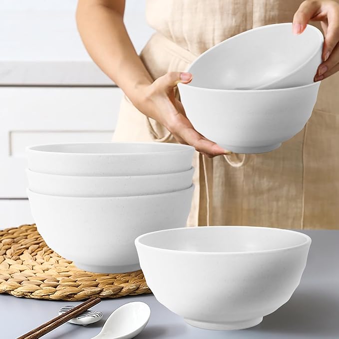 60 OZ Wheat Straw Bowls, Large Popcorn Bowl Sets of 6, Unbreakable Large Serving Bowls for Kitchen, Microwave and Dishwasher Safe Big bowl for Eating, Soup, Ramen, Cereal- White