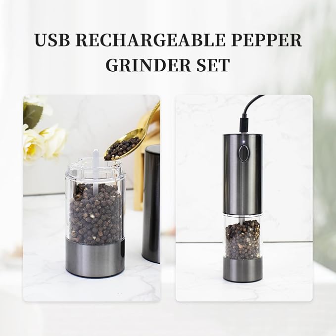 Electric Salt and Pepper Grinder Set, Upgraded Larger Capacity Stainless Steel Automatic Salt and Pepper Mill Set Refillable with 5 Adjustable Coarseness Stainless Steel Color Shaker