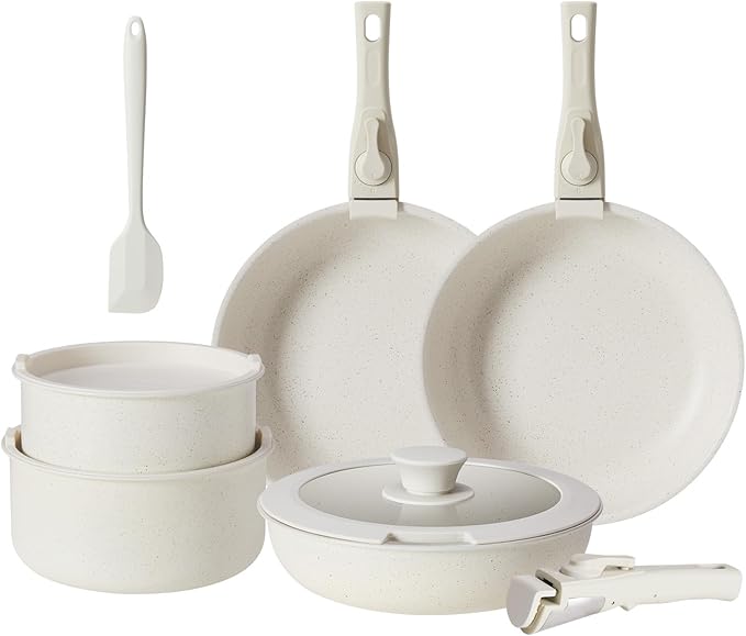 NEWBULIG 12-Piece Nonstick Kitchen Cookware Set, Pots and Pans with Detachable Handle, Induction Compatible, Dishwasher & Oven Safe, Space-Saving, Cream White