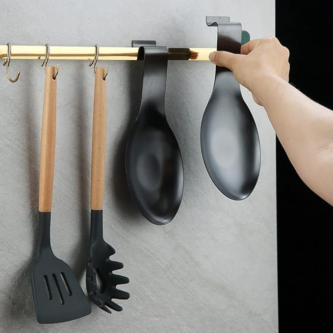 Matte Black Spoon Rest, Stainless Steel Spoon Holder for Stove Top, kitchen utensils Holder for Ladles, Tongs, Spatula, Stove Spoon Holder, Pot Lid Holder, Dishwasher Safe (2PC-9.5 Inch)