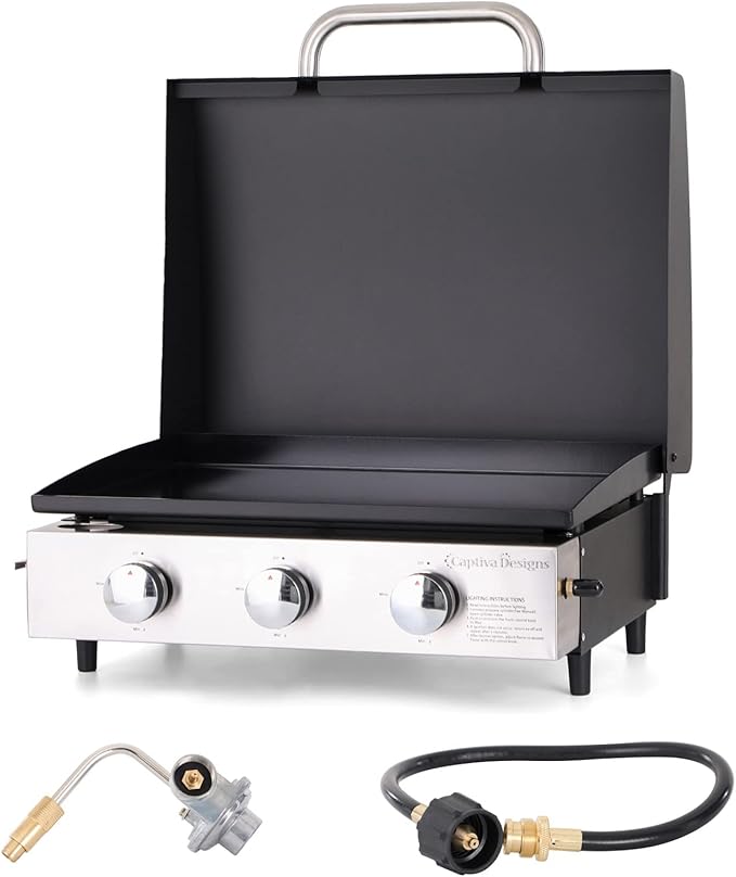 Sophia & William 22" Flat Top Grill with Lid & Ceramic Coated Cast Iron Pan, 3-Burner Portable Tabletop Gas Propane Griddle for Outdoor, BBQ, Camping & Tailgating Barbecue, 24,000 BTU