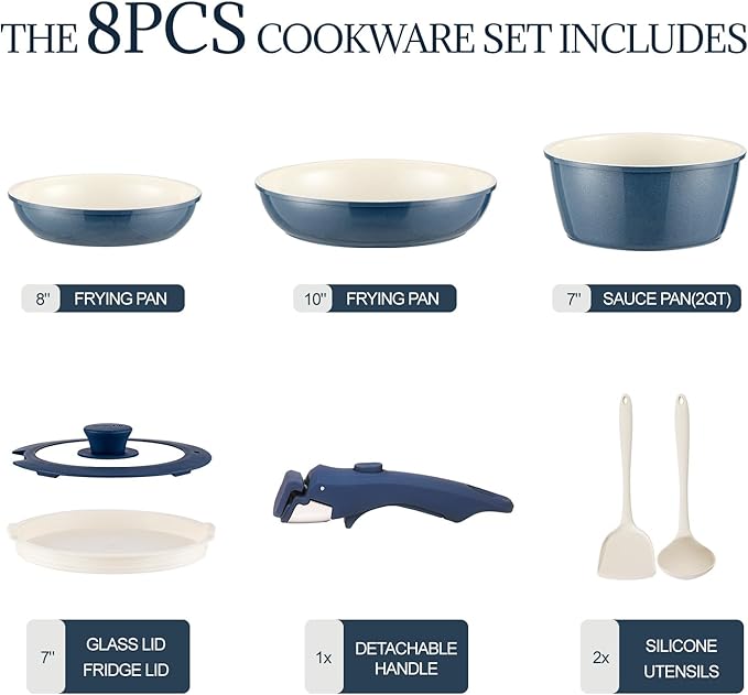 Ceramic Cookware Set Non Stick 8Pcs Pots and Pans Set Detachable Handle Induction Kitchen Cooking Set with Frying Pans Oven Dishwasher Safe, PFAS/PFOA Free, Navy