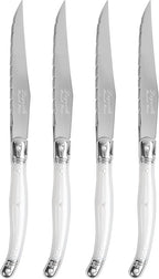 French Home Laguiole 4-Piece Steak Knife Set – Sophisticated Stainless Steel Dinner Knives with Pearlized White Handles & Iconic Bee Emblem – Serrated Knives for Smooth Cutting (9.25")