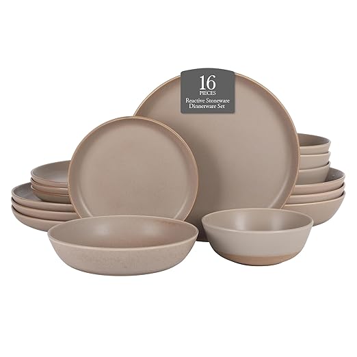 Gibson Elite Laguna Bliss 16 Piece Stoneware Reactive Glaze (Service for 4) Ceramic Plates and Bowls Dinnerware Set - Matte Beige-Gray W/Terracotta Bottom