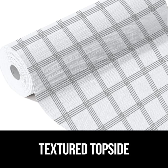 GORILLA GRIP DripGuard Drawer and Shelf Liner for Cabinet, Slip Resistant Non Adhesive Protection for Kitchen, BPA Free Smooth Surface Plastic Liners for Cabinets, Drawers, 12x240 Inch, Gray Stripe