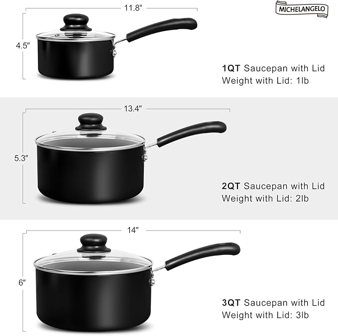 MICHELANGELO Nonstick 3 Quart Saucepan with Lid, Ceramic Small Sacuce pan, Easy to Clean, Non-Toxic Saucepan, 3QT, Black