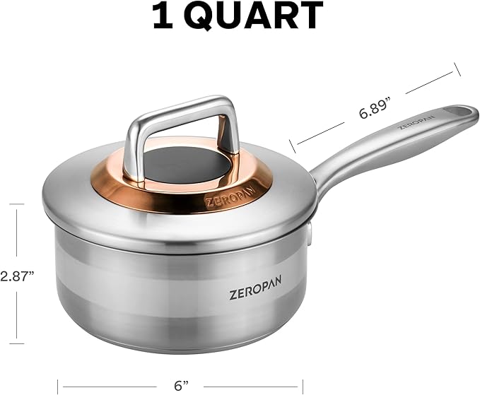 1 Quart Stainless Steel Saucepan with Lid, 6 Inch Hybrid Nonstick Sauce Pan,Small Cooking Pots,PFAS PFOA PTFE Free,Stay-Cool Handle, Dishwasher-Friendly, Oven-Safe,Compatible with All Cooktops