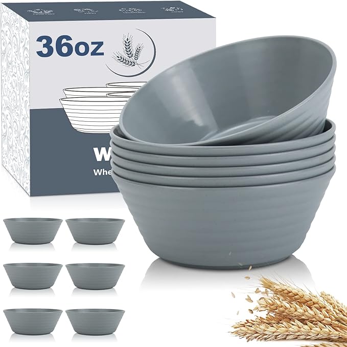 Wheat Straw Bowl Sets,6 PCS Unbreakable Cereal Bowl 36 OZ,Microwave and Dishwasher Safe Bowls,Dorm Bowl Sets BPA Free for Serving Cereal,Oatmeal and Salad (Grey)