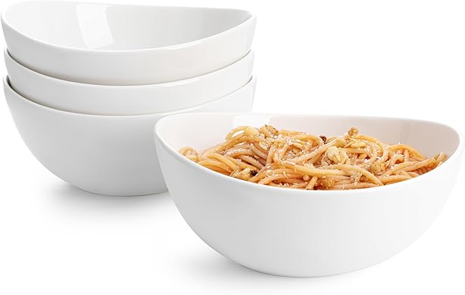 Sweese 42oz Porcelain Serving Bowls - Set of 4, 8-Inch White Bowls for Salad, Soup, Pasta & More - Microwave, Dishwasher & Oven Safe