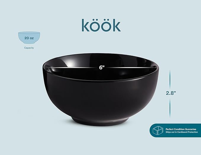 KooK Soup Bowls, Cereal Bowl, Ceramic, Bowls for Kitchen, Microwave, Dishwasher and Freezer Safe, Porcelain Dishes for Pasta, Salad, Oatmeal, Deep Interior, 20 oz, Set of 6, (Black)