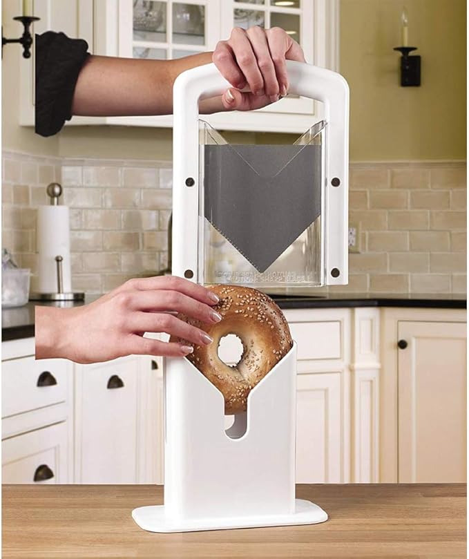 Hoan The Original Bagel Guillotine Slicer, Manual Precision Cutter with Safety Shield, Cleanly Slices Bagels and More, White, 9.25 Inch Kitchen Tool