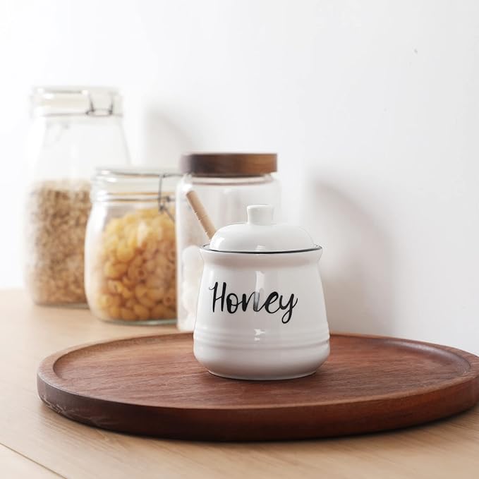 HAOTOP Farmhouse Porcelain Honey Jar with Dipper and Lid Set 12oz,Easy to Clean (White)