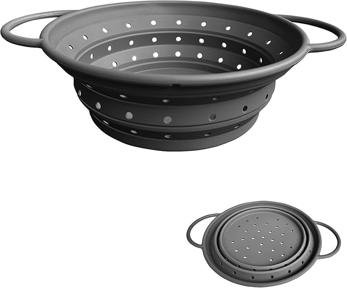 Collapsible Colander with Handle, Silicone Kitchen Colander for Easy Storage,Four-side Fast Draining Silicone Draining Basket, Perfect for Fruits Vegetables (Gray L)