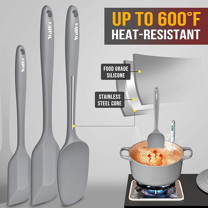 Walfos Silicone Spatula -5 Pieces Heat Resistant Kitchen Spoon Spatulas（600°F), Strong Steel Core and One-Pieces Seamless Design, Prefect for Cooking Mixing Baking - BPA Free and Dishwasher Safe,Gray