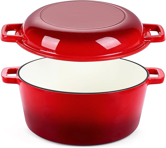 P&P CHEF 5Qt Dutch Oven Pot for Bread Baking (Red), 2 In 1 Round Cast Iron Dutch Oven with Lid Set, Skillet & Pot for Roasting Braising Stewing Frying Simmering, Multi Stoves & Oven Safe