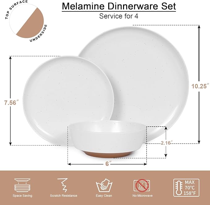 Webbylee 12-Piece Melamine Dinnerware Set - Unbreakable Plates & Bowls Set for 4, BPA-Free Lightweight Kitchen Dishes Idear for Camping, Picnic, Party,White & Brown