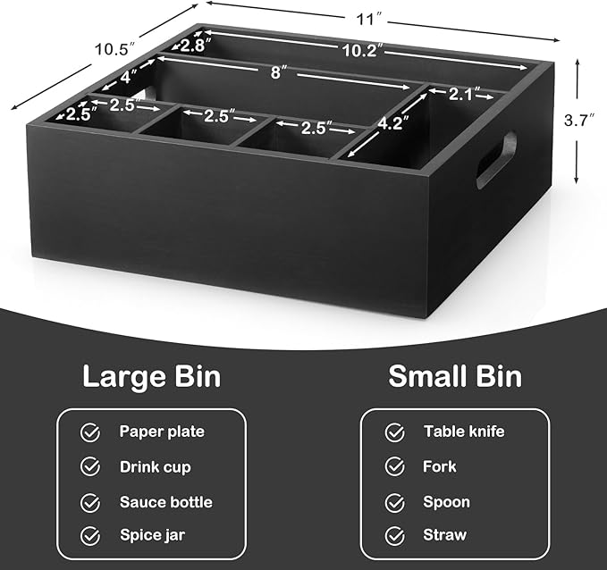 Wood Utensil Holder for Party, 6-Compartment Paper Plate Organizer with Handles, Wooden Silverware Caddy for Picnic, Camping, BBQ, Buffet, and Kitchen Countertop Organization, Black