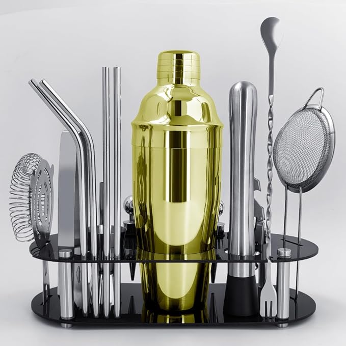 Cocktail Shaker Set Bartender Kit with Stand - 16 Piece Bar Tool Set Drink Mixer Set Includes : 25oz Shakers, Jigger, Strainer, Mixer Spoon, Muddler, Liquor Pourers, Straw (Gold)