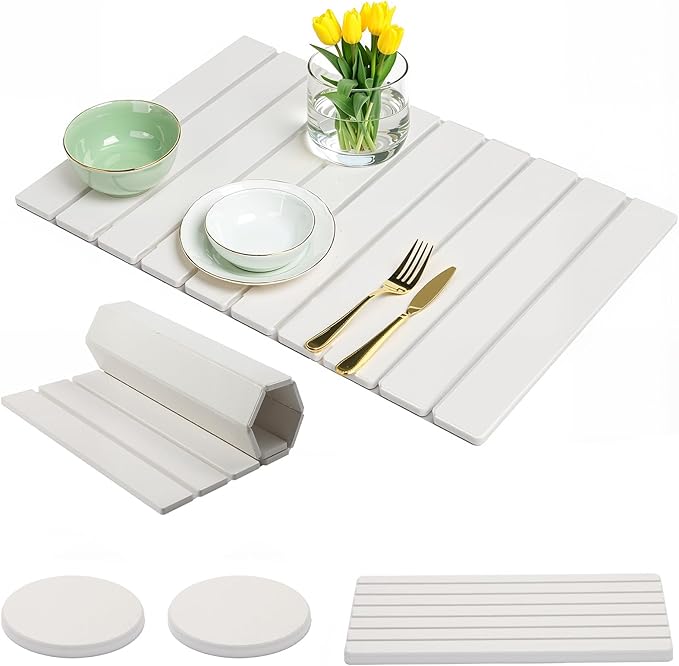 Stone Drying Mat for Kitchen Counter, 23.6"x15.4" Absorbent Dish Drying Mat with 2 Pack Absorbent Stone Coasters, 1 Seasoning Pad, Quick Dry Large Dish Drying Mats for Kitchen Counter, White