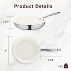8" Tri-Ply Stainless Steel Frying Pan, Nonstick Ceramic Pan, Skillet with Stay-Cool Handle, Non Toxic, PFAS PFOA PTFE Free, Dishwasher & Oven Safe, Induction, Compatible with All Cooktops