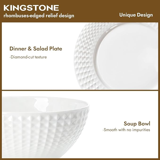 KINGSTONE Bone China Dinnerware Set, 12-Piece White Lightweight Porcelain for 4, Plates and Bowls with Rhombus patterned edge design, Microwave and Dishwasher Safe, for Family, Restaurant, Gifting