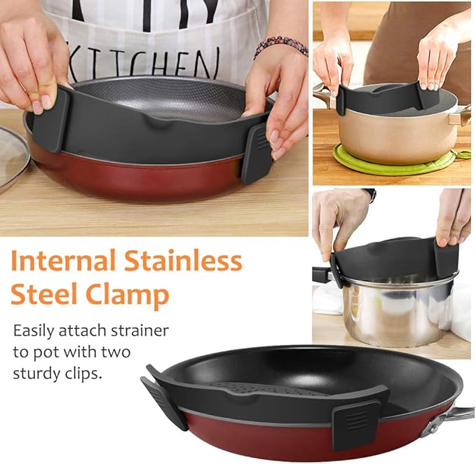 YEVIOR Clip on Strainer for Pots Pan Pasta, Silicone Food Strainer Hands-Free Pan Strainer, Clip-on Kitchen Food Strainer for Spaghetti, Pasta, Ground Beef Fits All Bowls and Pots (Black)