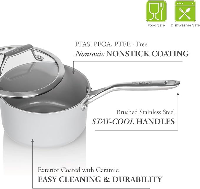 TECHEF - CeraTerra Collection, 2-quart Ceramic Nonstick Saucepan with Glass Lid (PTFE, PFAS, and PFOA Free), Made in Korea (2-quart)