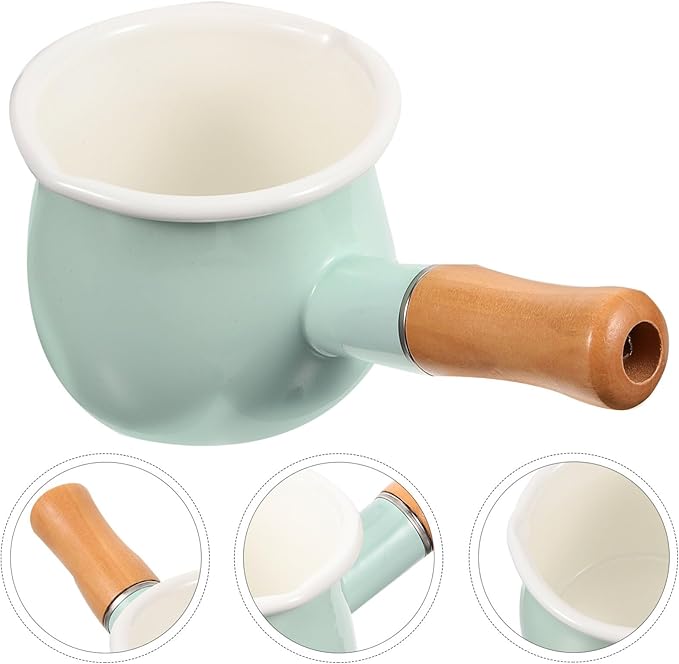 GANAZONO Enamel Milk Pan Mini Butter Warmer 7 Inch Non-stick Milk Heating Pot Small Enamelware Saucepan with Wood Handle for Heating Liquid Portions 10CM Light Green