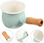 GANAZONO Enamel Milk Pan Mini Butter Warmer 7 Inch Non-stick Milk Heating Pot Small Enamelware Saucepan with Wood Handle for Heating Liquid Portions 10CM Light Green